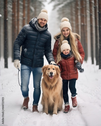 A man, a woman, and a child walking down a snowy path, with a Golden Retriever dog. The family is enjoying their time together. The dog is close, adding a sense of warmth and companionship. Trees © Daniel