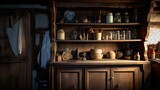 In the farmhouse of the farmer, there is an old wooden cupboard.