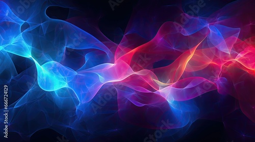 Vibrant and colorful display of neon lights, creating a dynamic scene. Lights are arranged in a swirling pattern. The colors are predominantly blue, red, and purple.