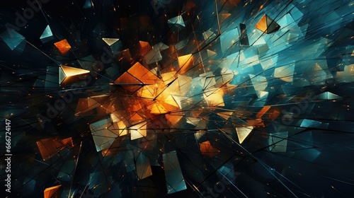  Vibrant and colorful abstract artwork featuring a mix of blue, orange, and yellow hues. The composition is made up of various geometric shapes, including triangles and squares. Wallpaper, glass