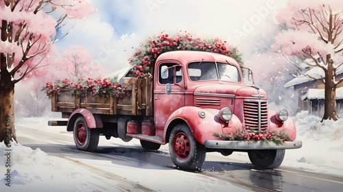 watercolour illustration of pink christmas truck and christmas tree photo
