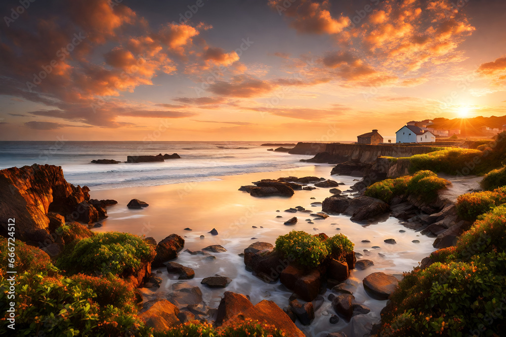 Embrace the tranquil beauty of a coastal village at sunrise in our stock image collection. Witness the gentle embrace of the waves as the village awakens to a new day by the sea, capturing the essence