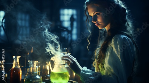 In the laboratory, a female alchemist is creating elixir.