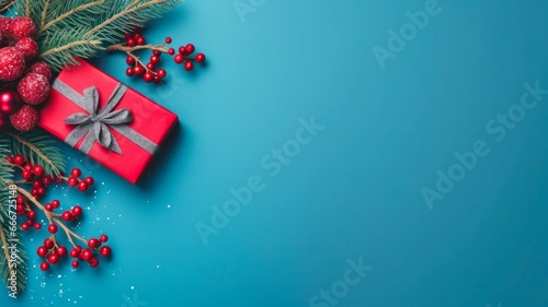 Sapphire Seasons Greetings: Christmas Gift, Tree Twigs, and Box on Top-View Blue Background Banner