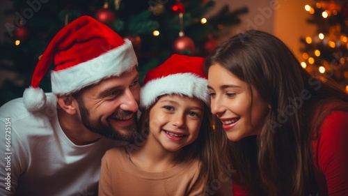Smiling Family in Santa Hats Celebrating Christmas by the Tree