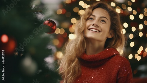 Smiling Woman in Festive Red Sweater Celebrates Christmas with a Sparkling Tree as a Background