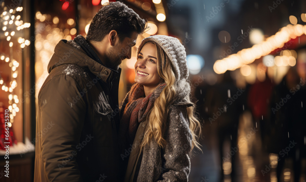 A young cheerful couple is standing, looking at each other. Enjoying the Christmas market A young cheerful couple is standing, looking at each other. Enjoying the Christmas market