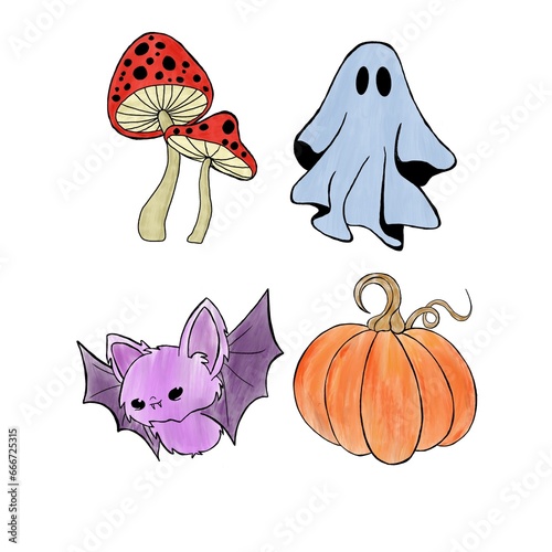 Cute set with Halloween illustrations. cute ghost, bright pumpkin, fly agaric...