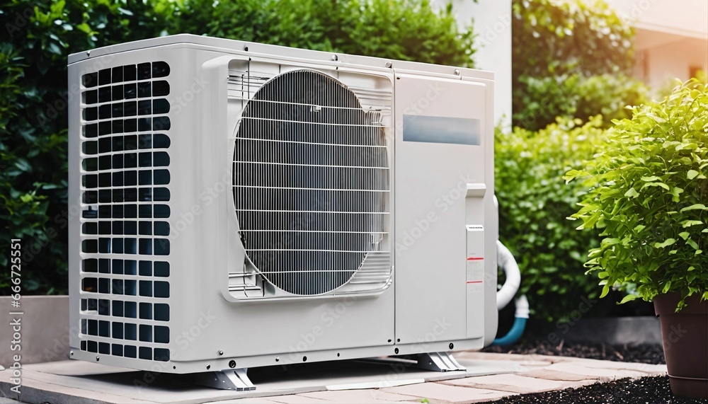 Residential building with outdoors installed air source heat pump Residential building with outdoors installed air source heat pump