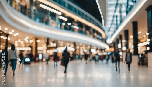 Abstract motion blurred shoppers with shopping bags in modern shopping mall