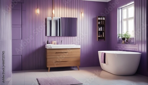 Purple-tiled bathroom  Minimalist design with wooden cabinet  mirror  and bathtub