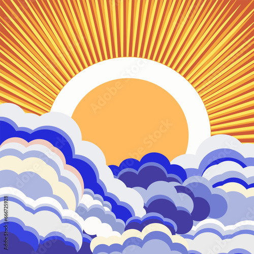 A vector illustration of 90s groovy posters in a cartoon psychedelic style.Boho and hippie design,featuring vibrant  retro elements and trippy landscapes. Clouds, sea ,sun rays and psychedelic waves.