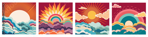 A vector illustration of 90s groovy posters in a cartoon psychedelic style.Boho and hippie design,featuring vibrant  retro elements and trippy landscapes. Clouds, sea ,sun rays and psychedelic waves. photo