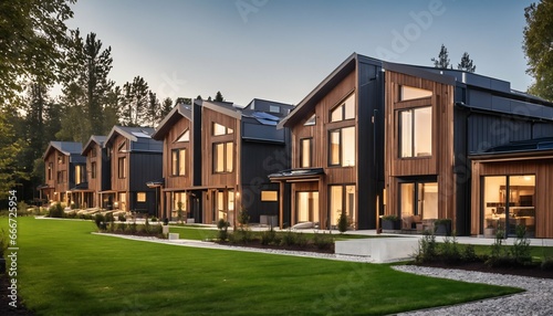Eco-friendly multifamily homes: Modern design with photovoltaic cells © ibreakstock