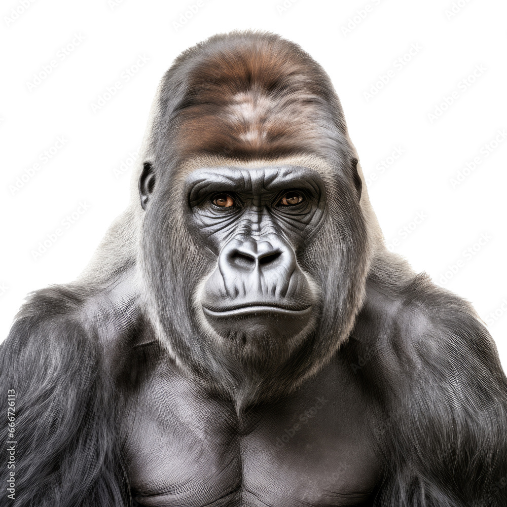  a portrait of a Gorilla in an isolated and transparent PNG in a Wildlife-themed, photorealistic illustration. Generative ai