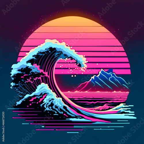  illustration of the sea wave in the style of the 80s
