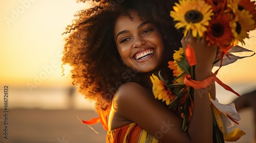 On February 2nd, a black woman celebrates the Yemanja festival by tossing flowers on the beach, a tradition in Brazil. photo