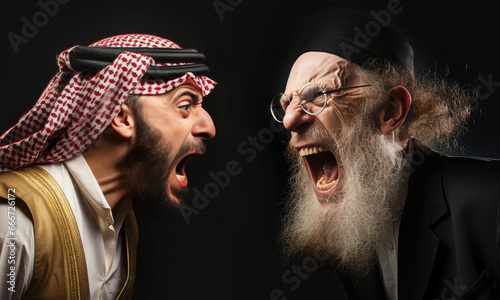Middle East Standoff: Jewish and Arab Rivals. Arab man vs. Jewish man. Jews against Arabs. Conflict in the Middle east. War against terror. Extremists groups.  Black background. Yelling, shouting photo