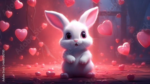 A white rabbit sitting in front of a bunch of pink hearts © Maria Starus
