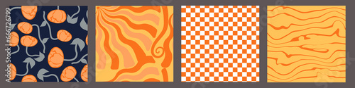 Collection of retro checkerboard backgrounds featuring vivid hues. A groovy and psychedelic chessboard pattern inspired by the 60s and 70s. Perfect for print templates, textiles, or as a vector wallpa photo