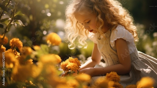 A little girl kneeling in a field of yellow flowers