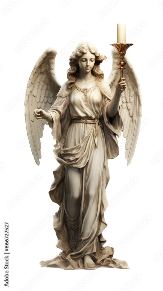 Obraz premium a statue of an angel with wings holding a candle, in an isolated and transparent PNG in a Decorative-themed, photorealistic illustration.
