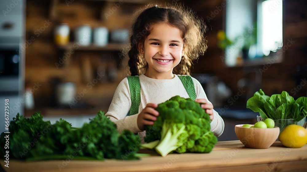 Fresh green vegetables are being consumed by a young girl in a real kitchen setting.