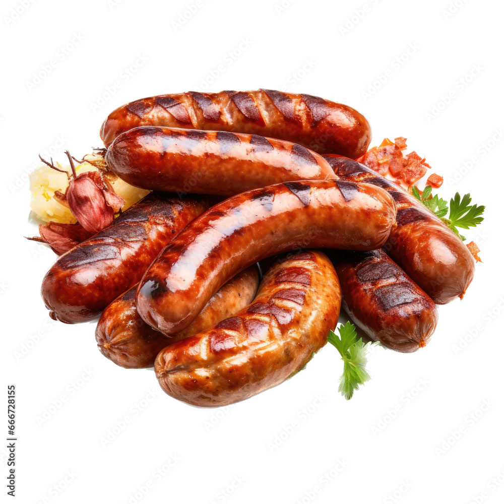 an assortment of sausages as an isolated and transparent PNG in a Nature-themed, photorealistic illustration. Generative ai an assortment of sausages as an isolated and transparent PNG in a Nature-themed, photorealistic illustration. Generative ai