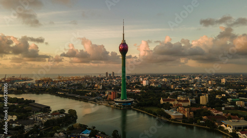 Aerial view of lotus tower in sun set, Colombo district, Sri Lanka