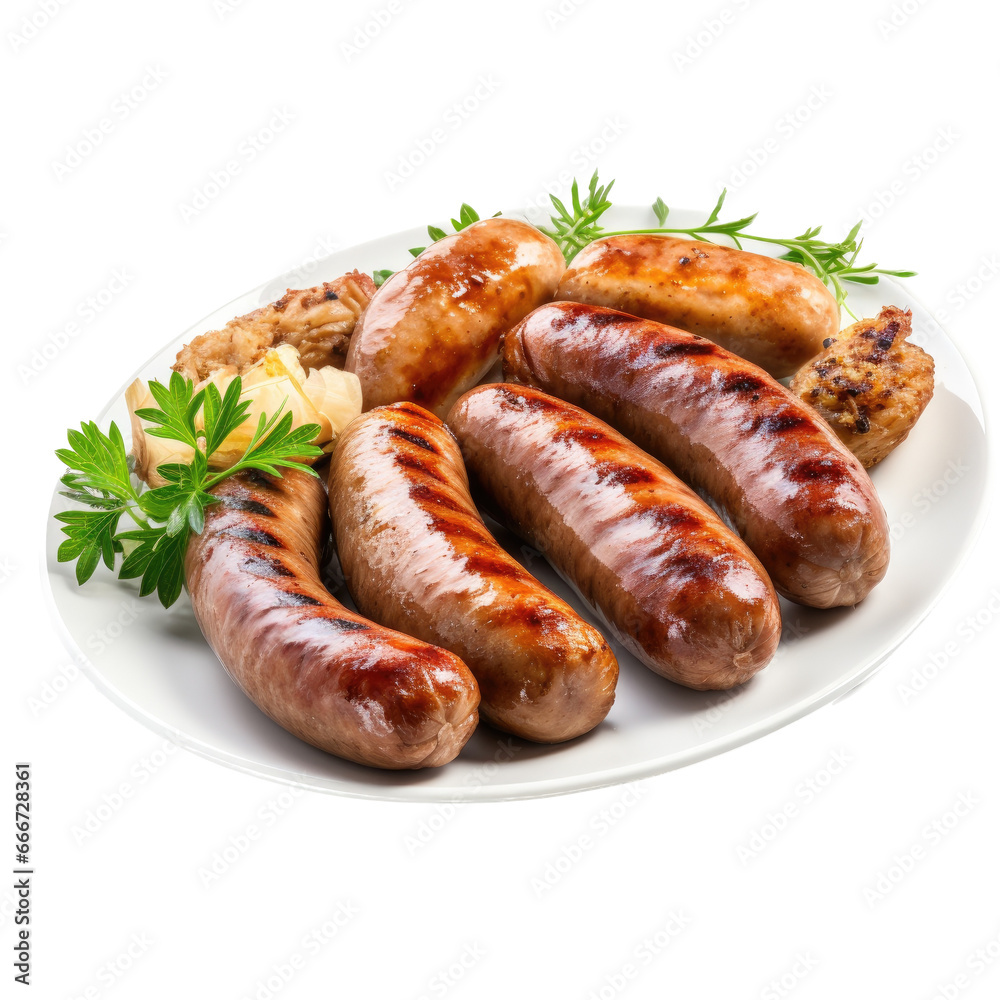 a dish of sausages, in an isolated and transparent PNG in a Food-themed, photorealistic illustration Generative ai a dish of sausages, in an isolated and transparent PNG in a Food-themed, photorealistic illustration Generative ai