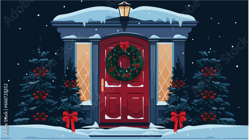 Porte ancienne décorée pour Noël, sous la neige