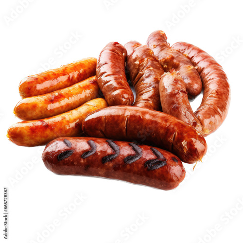 an assortment of sausages as an isolated and transparent PNG in a Nature-themed, photorealistic illustration. Generative ai