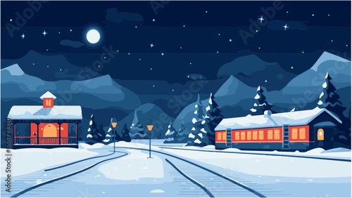 Train dans un paysage de neige à la nuit tombée, IA générative