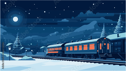 Train dans un paysage de neige à la nuit tombée, IA générative