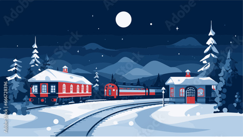 Train dans un paysage de neige à la nuit tombée, IA générative
