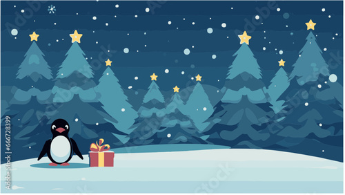 Pingouin et cadeau de Noël dans un paysage de neige