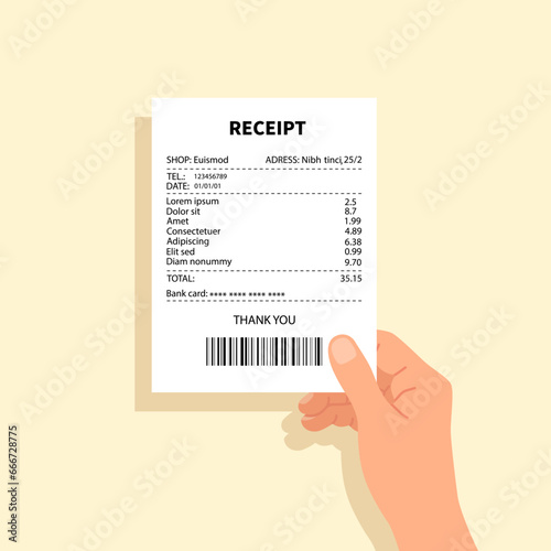 Hand holds paper receipt. Bill icon of payment. Expense balance of shopping. Man's hand holding medical or restaurant check. vector illustration..