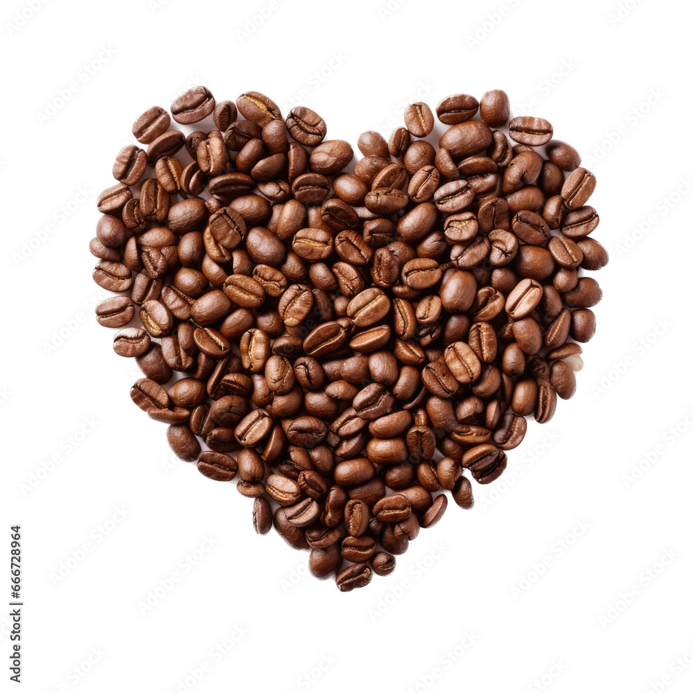 Obraz premium Coffee beans formed into a heart shape from a top view as an isolated and transparent PNG in a Barista-themed, photorealistic illustration. Generative ai