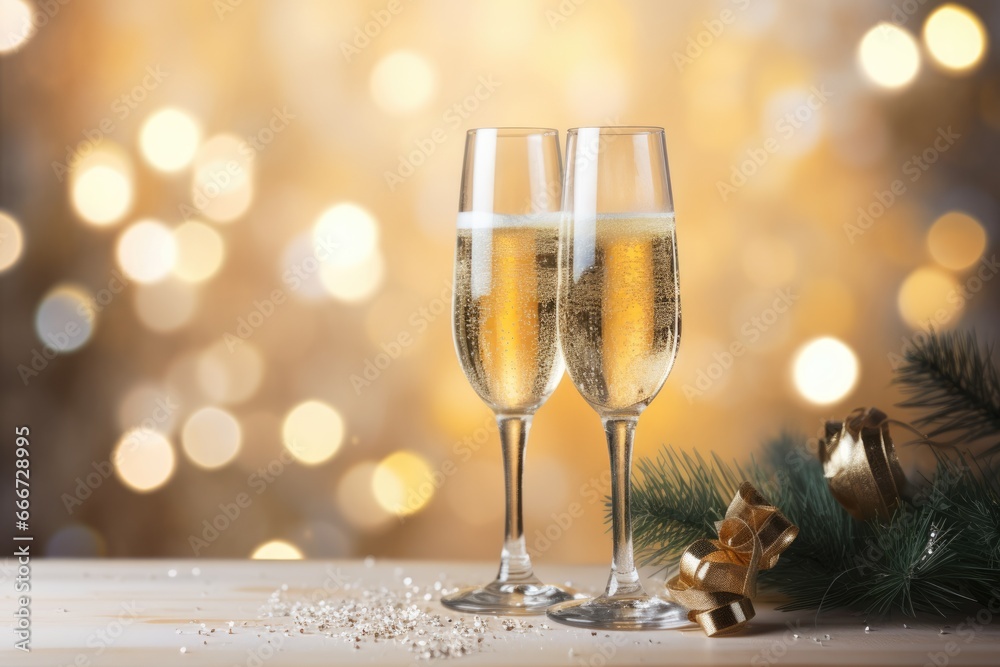 Glasses of champagne at New Year party. Celebration toast. New Year's cards. AI generative. Glasses of champagne at New Year party. Celebration toast. New Year's cards. AI generative.