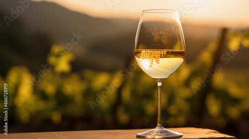 white wine in a Riedel glass, condensation on the glass, against a blurred vineyard background at sunset. Golden hour lighting, warm hues photo