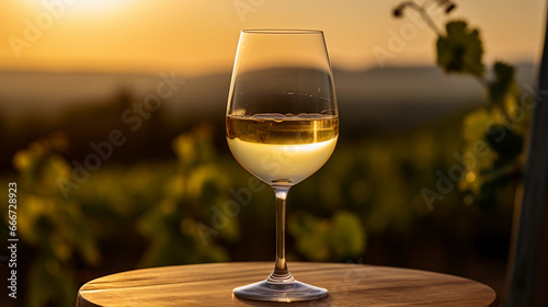 white wine in a Riedel glass  condensation on the glass  against a blurred vineyard background at sunset. Golden hour lighting  warm hues