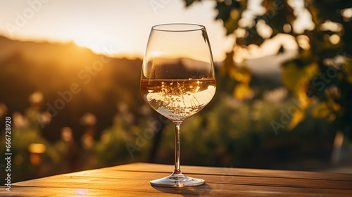 white wine in a Riedel glass, condensation on the glass, against a blurred vineyard background at sunset. Golden hour lighting, warm hues photo