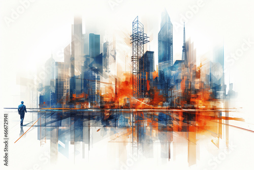 Artistic double exposure of a construction site and construction workers in a striking blue and orange color theme. Ai generated