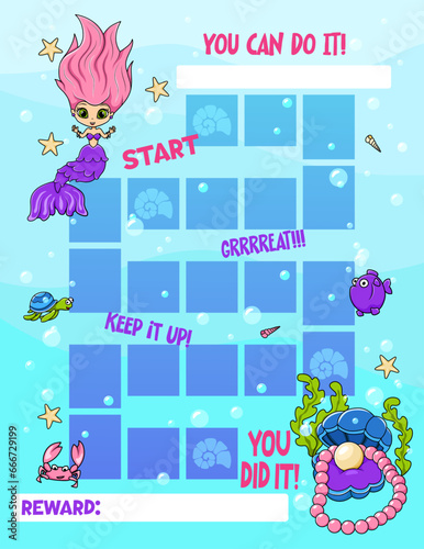 Reward chart for girls. Mermaid. Behavior and work schedule for children. Vector illustration