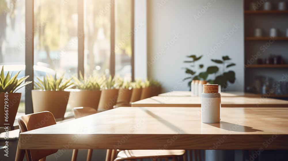 Modern minimalist coffee shop, white interior, clean lines, succulents on wooden tables, large windows, morning light pouring in Modern minimalist coffee shop, white interior, clean lines, succulents on wooden tables, large windows, morning light pouring in