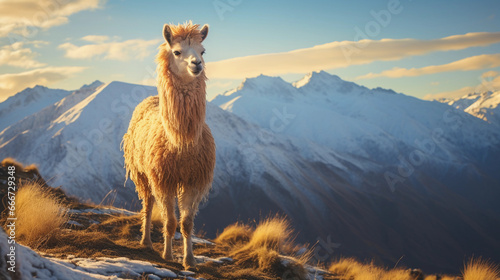 Majestic Llama in the Andes Mountains, standing on a hill with snow - capped mountains in the background, golden hour lighting photo