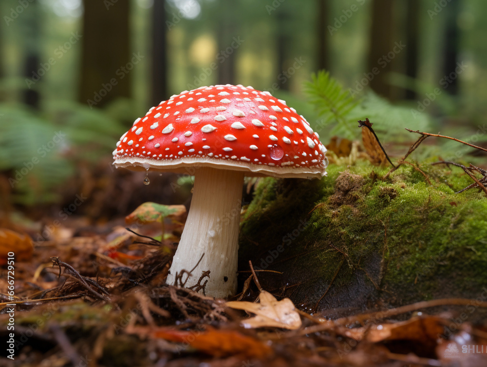 Fototapeta premium Amanita muscaria, commonly known as the fly agaric, vivid red cap with white spots, nestled in a dense forest, wet soil and fallen leaves around. Captured at eye - level, ambient forest lighting, mois