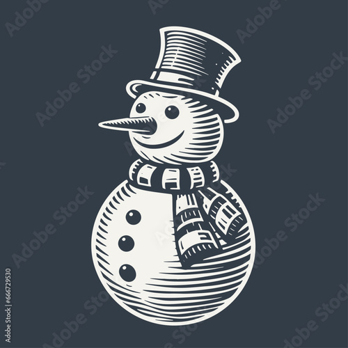Snowman with hat. Vintage woodcut engraving style hand drawn vector illustration.
