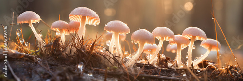 Puffball mushrooms in the moment of spore release, high - speed capture to freeze the burst of spores, backlit by golden hour sunlight