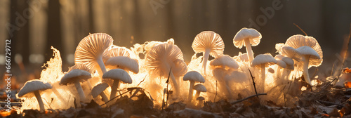 Puffball mushrooms in the moment of spore release, high - speed capture to freeze the burst of spores, backlit by golden hour sunlight